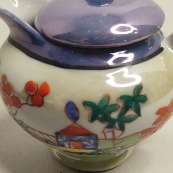 Lusterware Miniature Creamer with Lid Handpainted House Trees Flowers 3" (GS3) - Picture 1 of 5